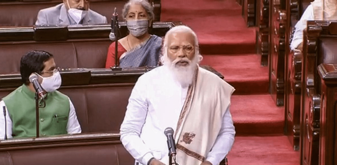 Prime Minister Narendra Modi speaks in the Rajya Sabha during ongoing Budget Session of Parliament, in New Delhi, Monday, Feb. 8, 2021. Credit: PTI Photo. 