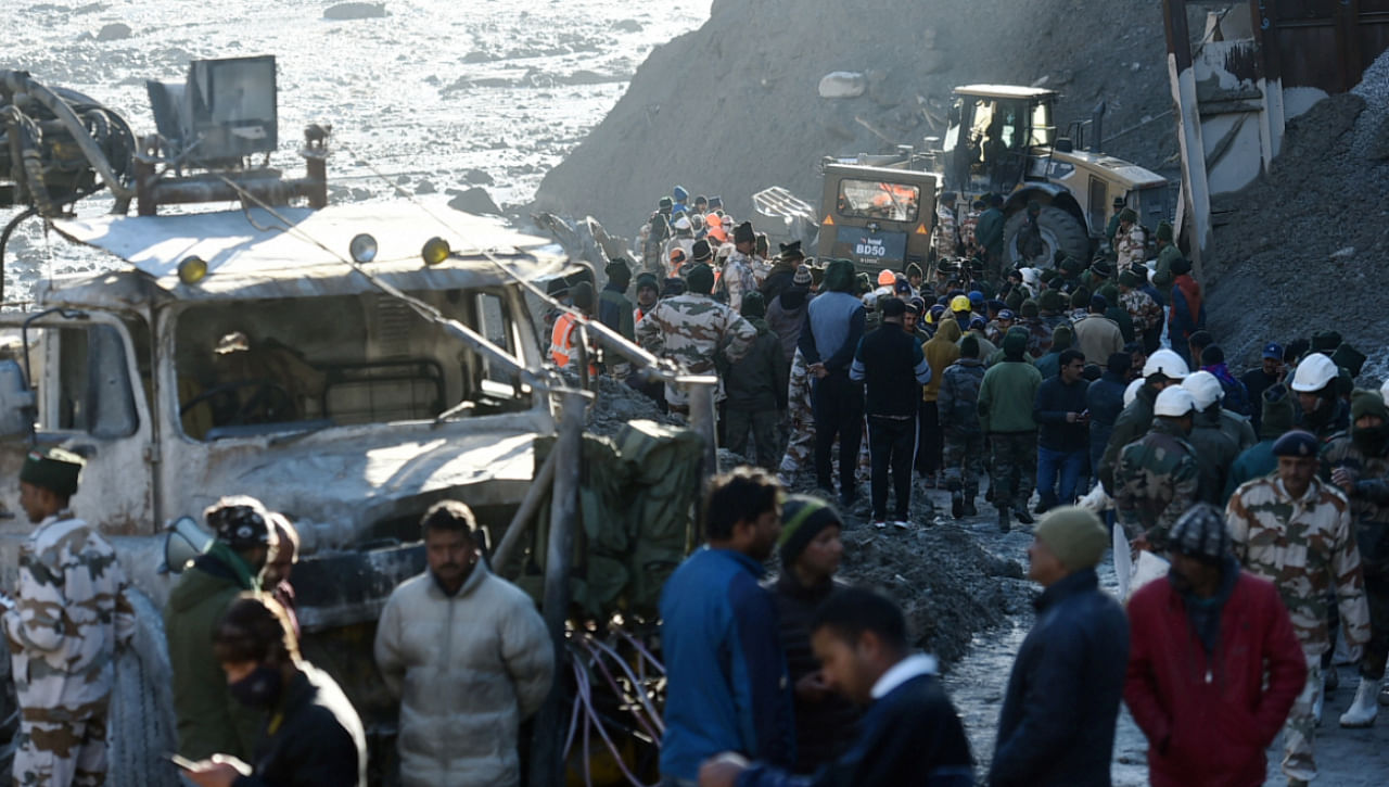 Rescue operations underway near Tapovan Tunnel, after a glacier broke off in Joshimath causing a massive flood in the Dhauli Ganga river, in Chamoli district of Uttarakhand, Monday, Feb 8, 2021. More than 150 labourers working in a power project are missing. Credit: PTI Photo
