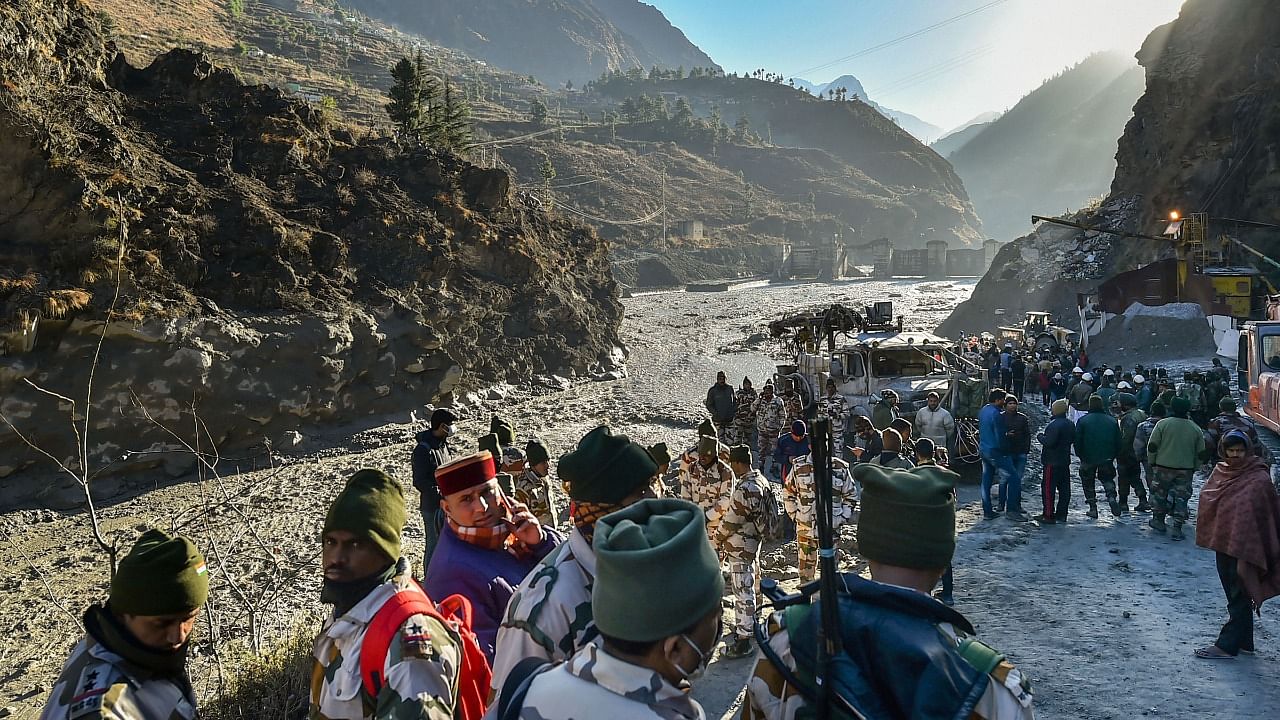 Rescue operations underway near Tapovan Tunnel, after a glacier broke off in Joshimath causing a massive flood in the Dhauli Ganga river, in Chamoli district of Uttarakhand. Credit: PTI Photo.