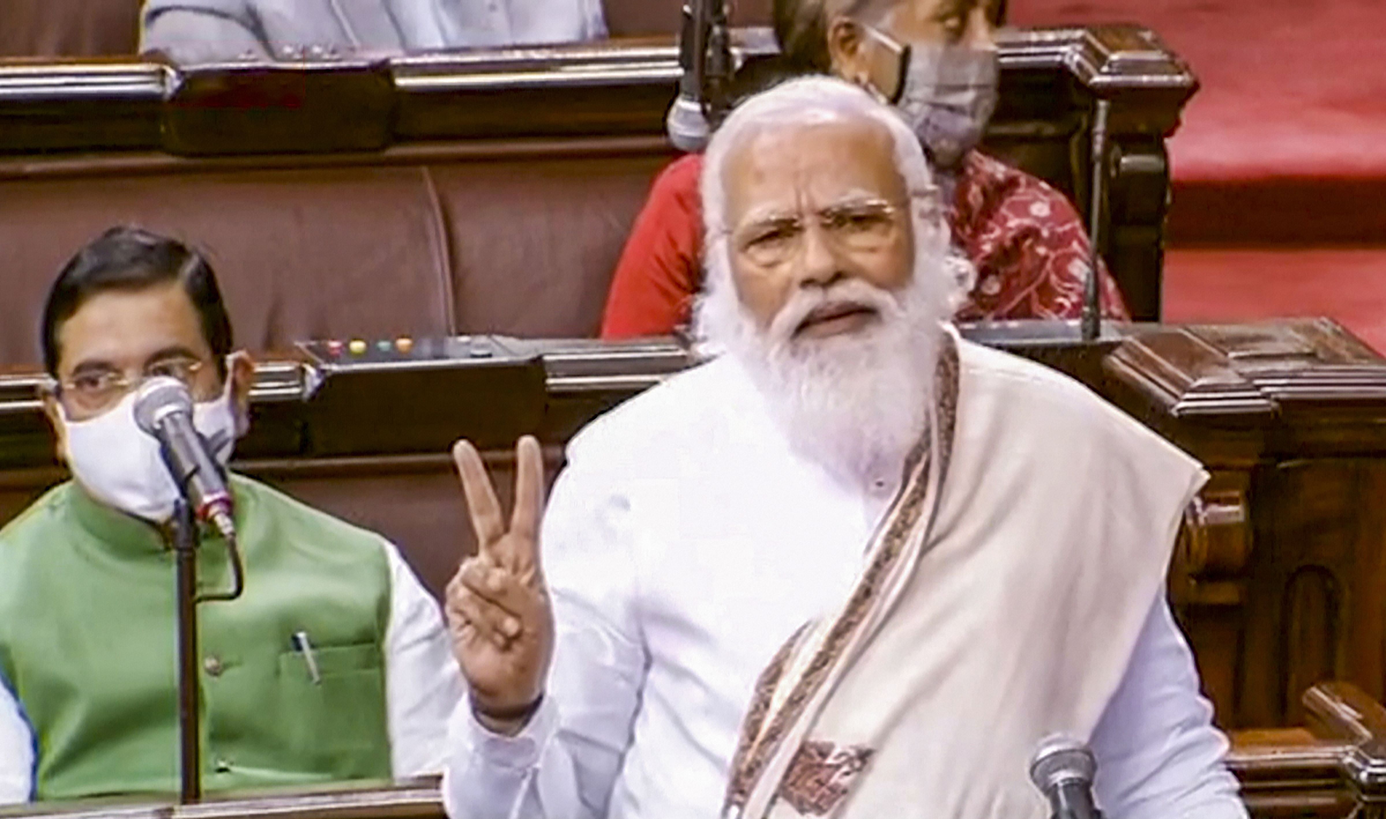 Prime Minister Narendra Modi speaks in the Rajya Sabha during ongoing Budget Session of Parliament, in New Delhi, Monday, Feb. 8, 2021. Credit: Video screengrab/RSTV