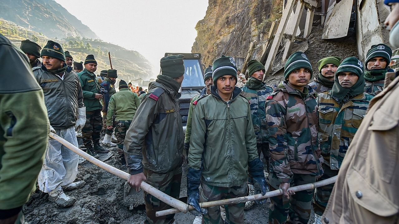 Rescue operations underway near Tapovan Tunnel, after a glacier broke off in Joshimath causing a massive flood in the Dhauli Ganga river, in Chamoli district of Uttarakhand. Credit: PTI Photo