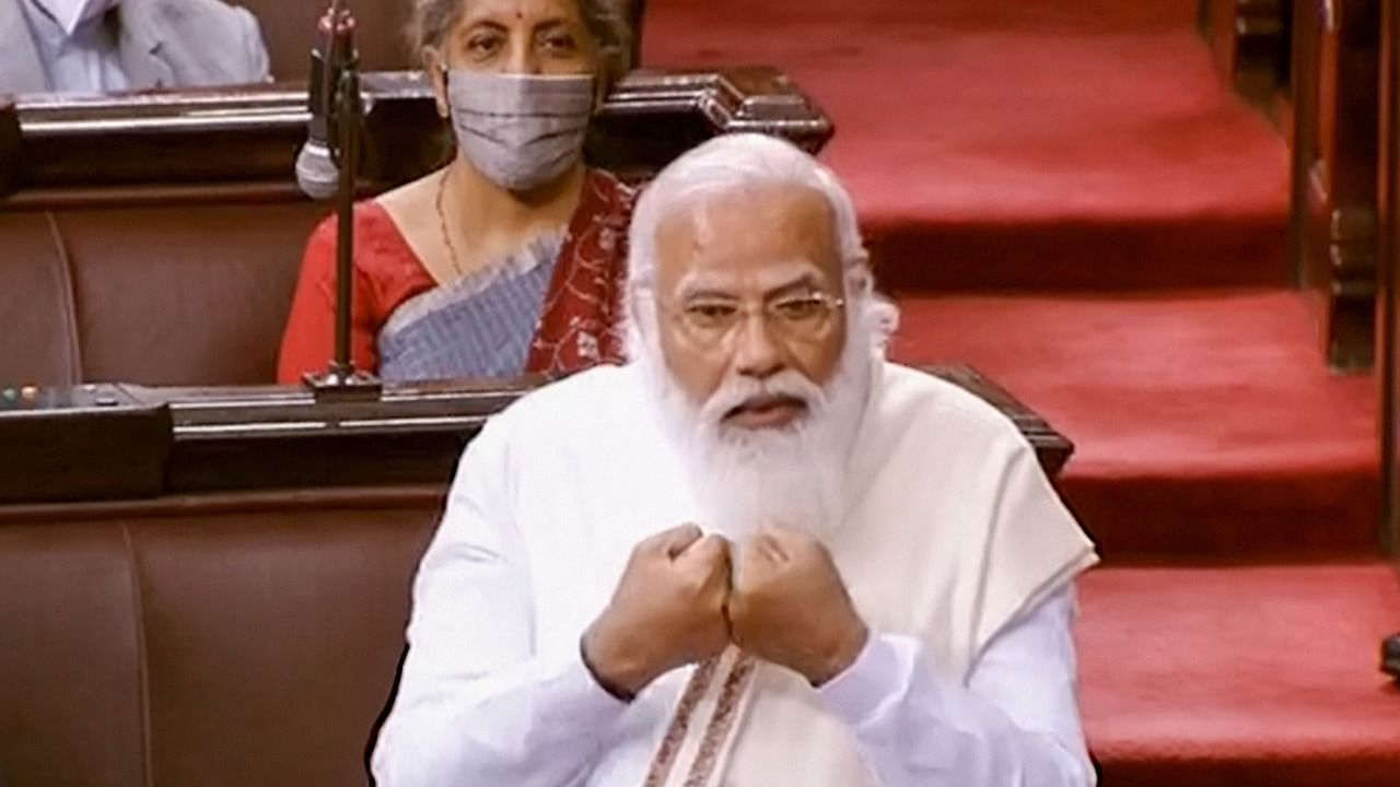 Prime Minister Narendra Modi speaks in the Rajya Sabha during ongoing Budget Session of Parliament, in New Delhi. Credit: PTI Photo/Screengrab