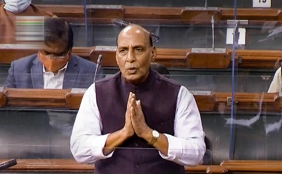 Union Defence Minister Rajnath Singh speaks in the Lok Sabha during ongoing Budget Session of Parliament, in New Delhi, Monday, Feb. 8, 2021. Credit: LSTV/PTI Photo