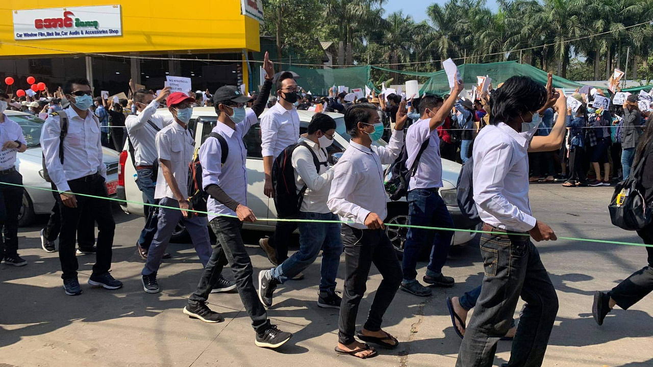 Youth protest against the military junta in Yangon for the third straight day on February 8. Credit: Special Arrangement