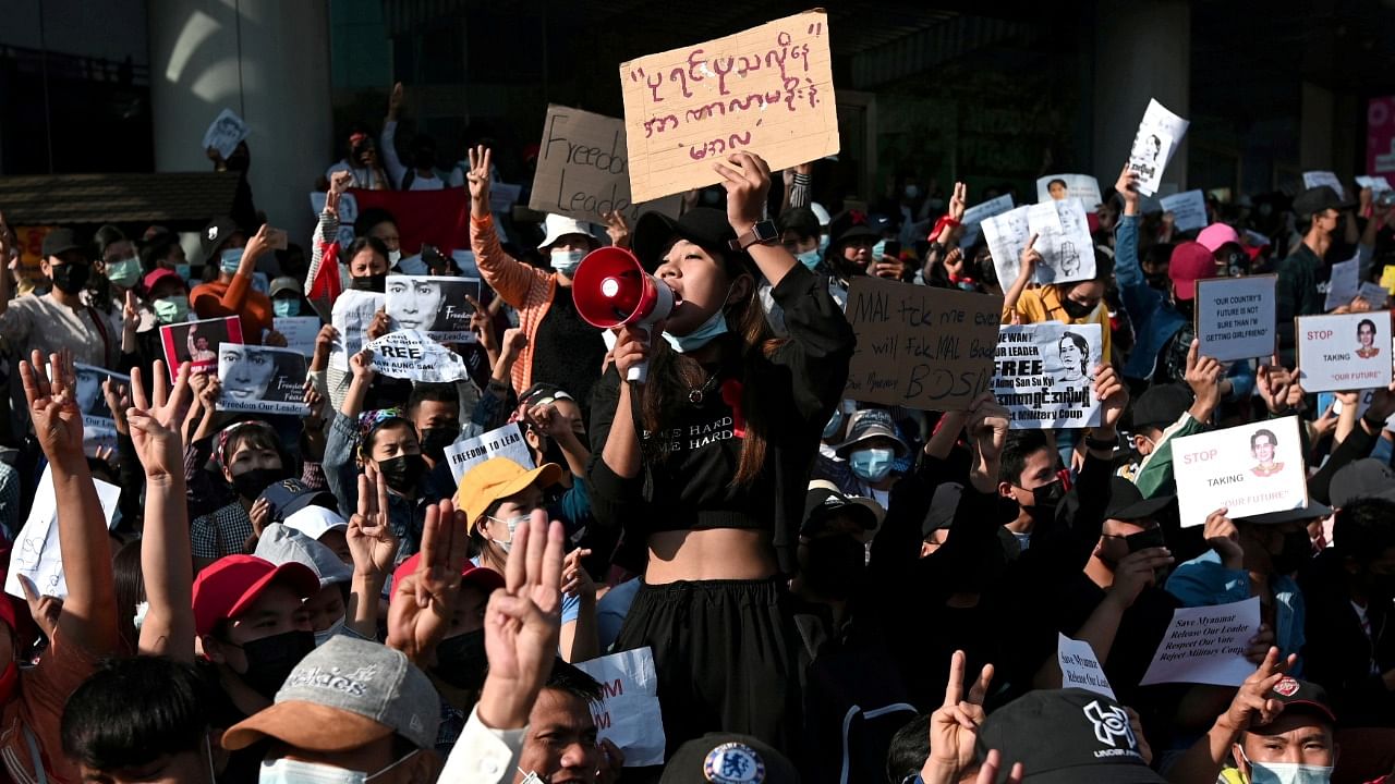 People join a rally against the military coup and to demand the release of elected leader Aung San Suu Kyi, in Yangon, Myanmar. Credit: Reuters Photo.