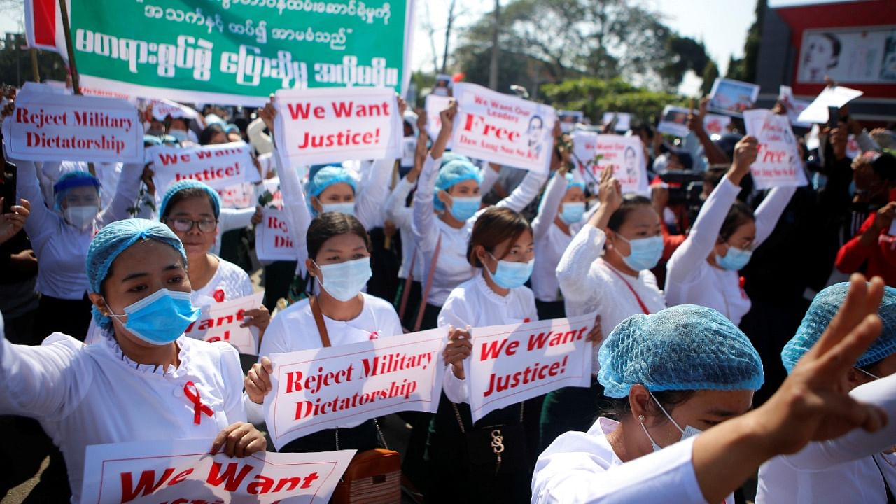 Protesters rally against the military coup and to demand the release of elected leader Aung San Suu Kyi, in Nay Pyi Taw, Myanmar. Credit: AFP Photo.