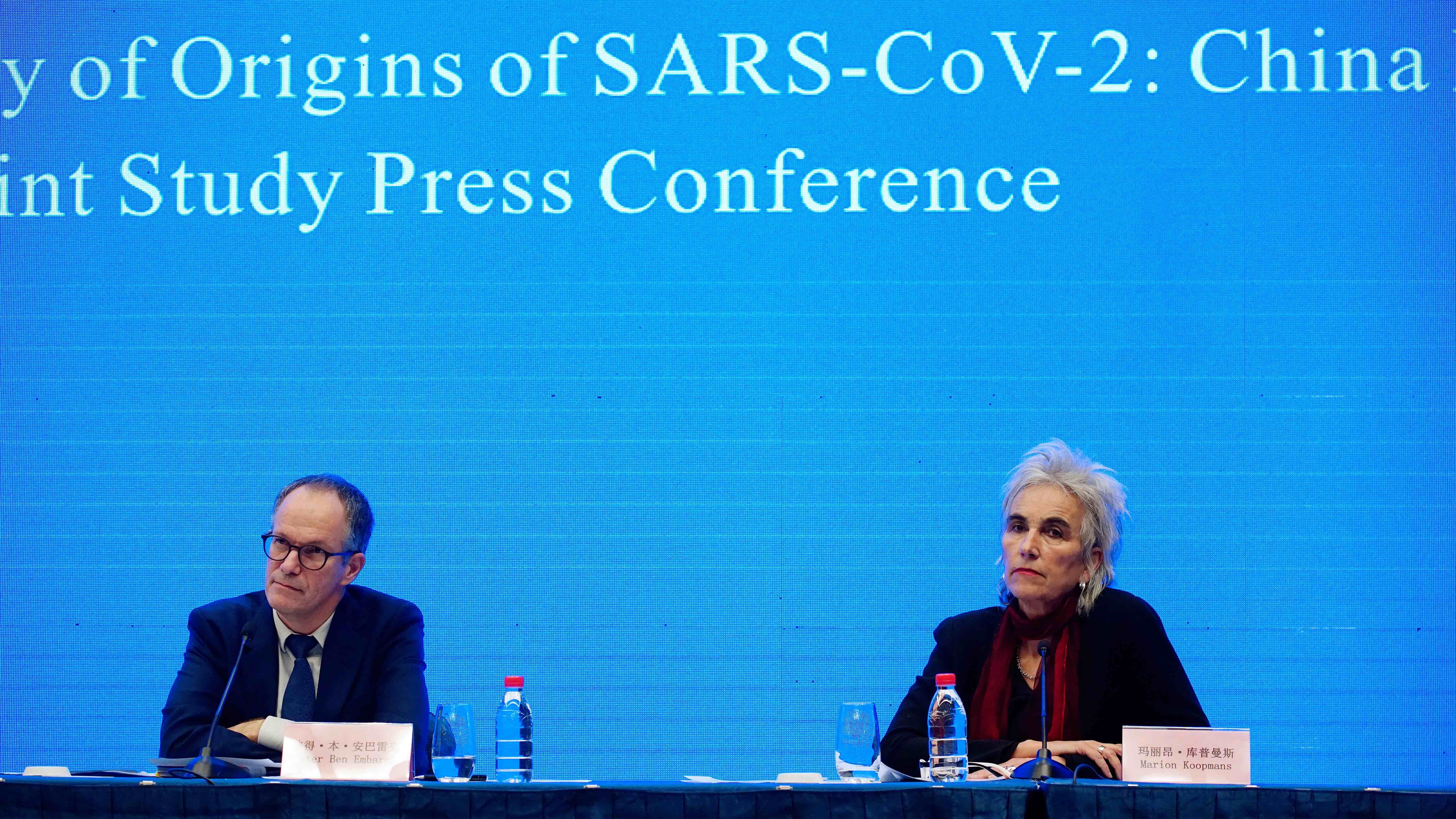 Peter Ben Embarek and Marion Koopmans, members of the World Health Organization (WHO) team tasked with investigating the origins of the coronavirus disease (COVID-19), attend the WHO-China joint study news conference at a hotel in Wuhan, Hubei province, China February 9, 2021. Credit: Reuters