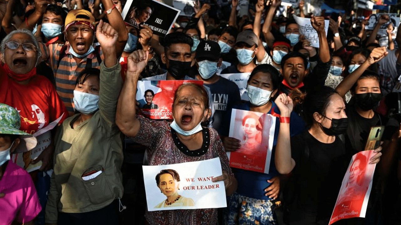 Protesters shout slogans as they take part in a demonstration against the military coup in Yangon on February 8, 2021. Credit: AFP Photo