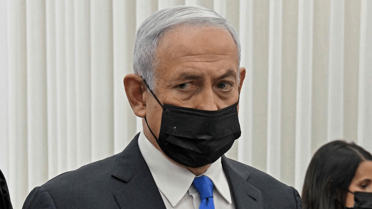 Israeli Prime Minister Benjamin Netanyahu attends a hearing in his corruption trial at the Jerusalem district court, on February 8, 2021. Credit: AFP Photo