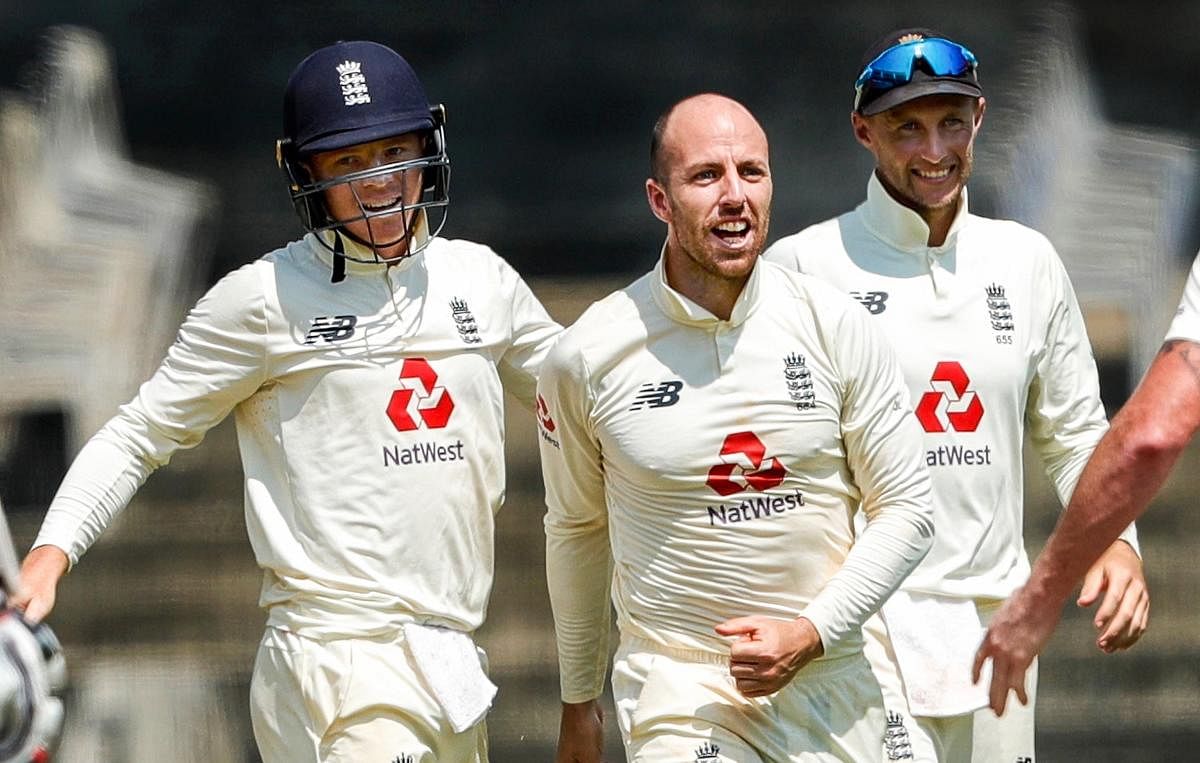 England's Jack Leach (centre) celebrates the dismissal of India's R Ashwin on the fifth day of the opening Test in in Chennai on Tuesday. ECB