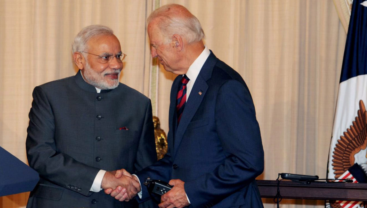 Prime Minister Narendra Modi greets the then US Vice President, now President, Joe Biden. Credit: PTI File Photo