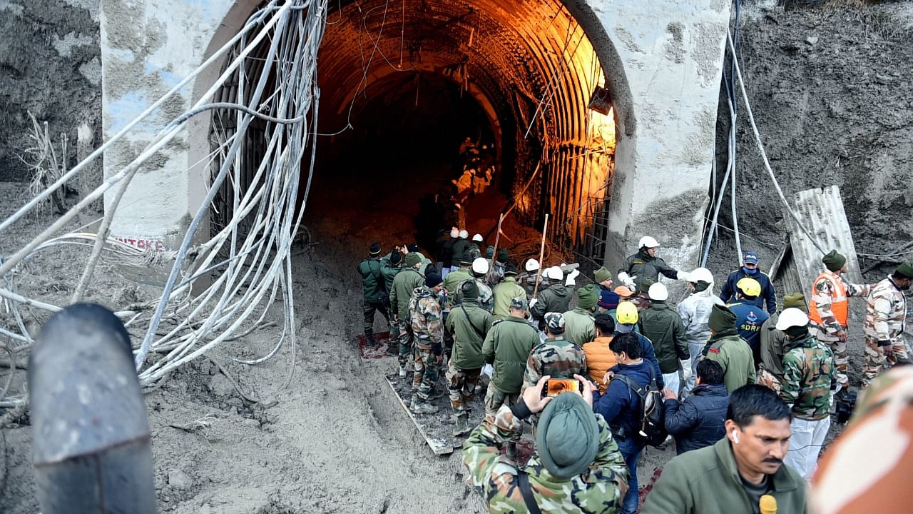 Rescue operations underway at Tapovan Tunnel, after a glacier broke off in Joshimath causing a massive flood in the Dhauli Ganga river, in Chamoli district of Uttarakhand, Monday, February 8, 2021. Credit: PTI Photo