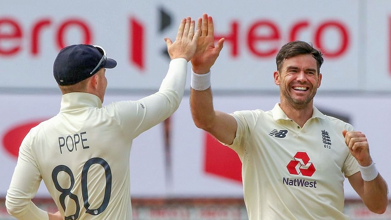 England's fast bowler James Anderson celebrates the wicket of India's Shubman Gill during the 5th and final day of first cricket test match between India and England, at the MA Chidambaram Stadium in Chennai. Credit: PTI Photo.