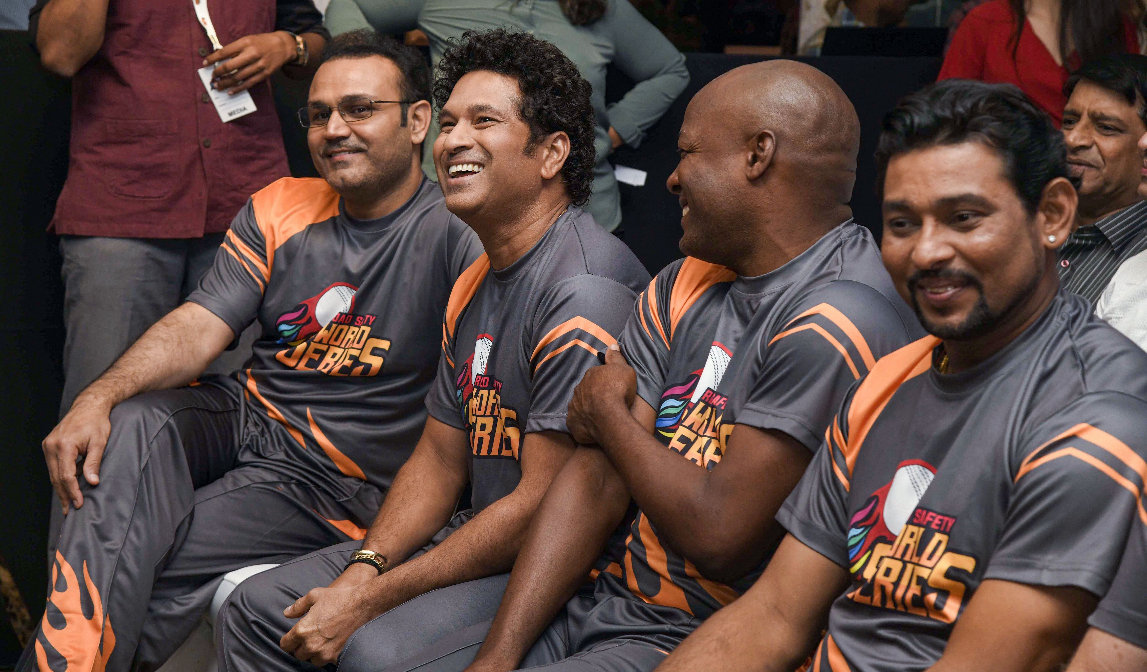 Cricket legends Virendra Sehwag, Sachin Tendulkar, Brian Lara and Tilakratne Dilshan at the announcement of the Road Safety World Series in Mumbai, Thursday, Oct. 17, 2019. The series will be an annual T20 cricket tournament between legends of five cricket playing nations—Australia, South Africa, Sri Lanka, West Indies and host India. Credit: PTI Photo