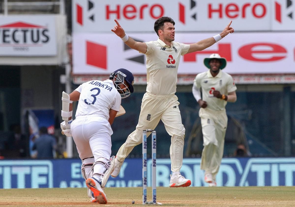 England's fast bowler James Anderson celebrates the wicket of India's Ajinkya Rahane during the 5th and final day of first cricket test match between India and England, at MA Chidambaram Stadium, in Chennai. Credit: PTI photo. 