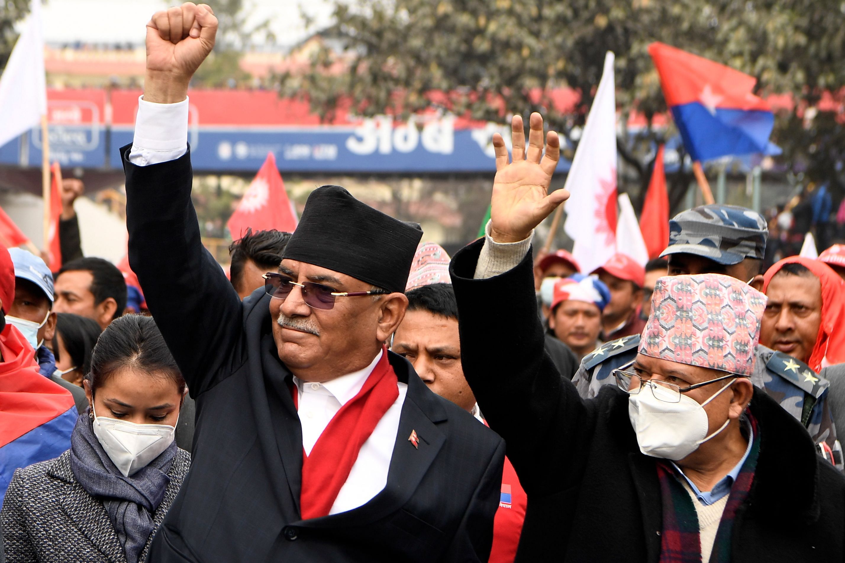 Dissident leaders of the Nepal Communist Party (NCP) Pushpa Kamal Dahal (L), also known as Prachanda and Madhav Kumar Nepal (R) participate in a rally to protest against the dissolution of the country's parliament in Kathmandu. Credit: AFP