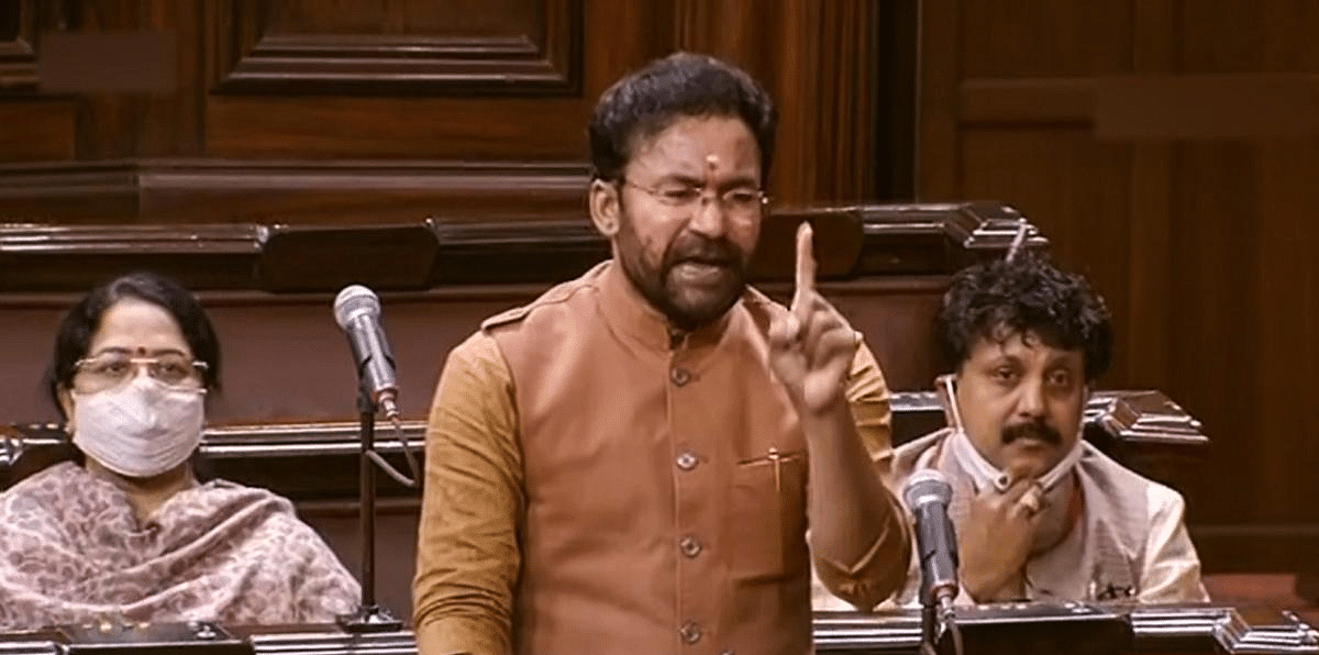 MoS for Home G Kishan Reddy speaks in the Rajya Sabha during ongoing Budget Session of Parliament, in New Delhi. Credit: PTI Photo
