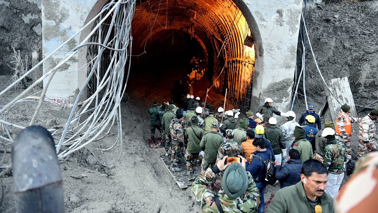 Rescue operations underway at Tapovan Tunnel, after a glacier broke off in Joshimath causing a massive flood in the Dhauli Ganga river, in Chamoli district of Uttarakhand. Credit: PTI Photo