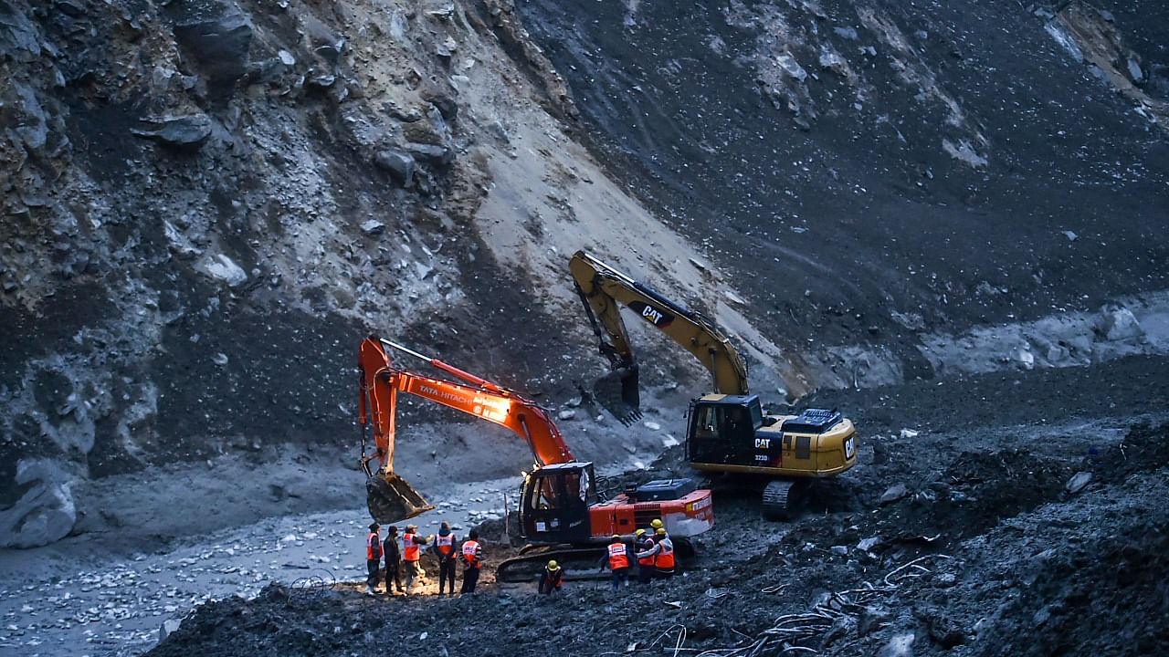 Rescue operations continue at Tapovan Tunnel, following the Sunday's glacier burst in Joshimath causing a massive flood in the Dhauli Ganga river, in Chamoli district of Uttarakhand. Credit: PTI Photo