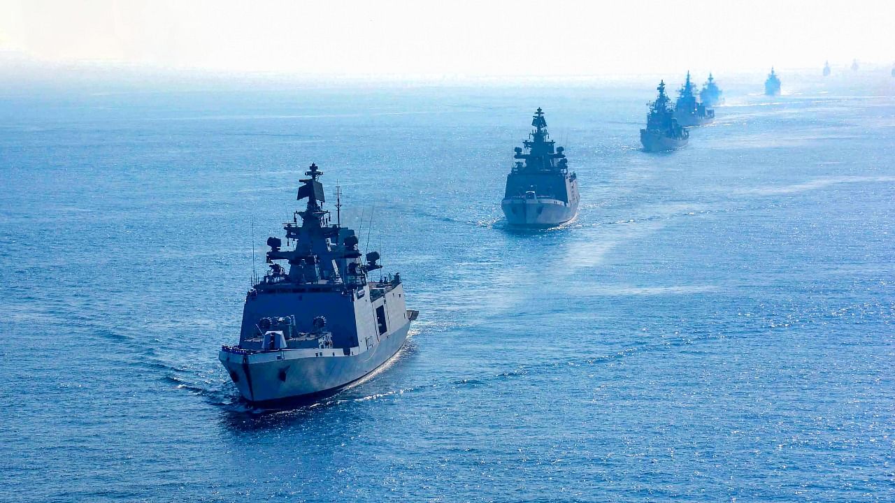 Ships take part in Indian Navy’s largest war game – the biennial Theatre Level Operational Readiness Exercise (TROPEX 21). Credit: PTI Photo.