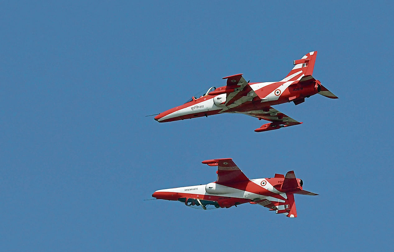 India Air Force's aerobatic team 'Suryakiran' performance at Aero India 2021. Credit: DH Photo