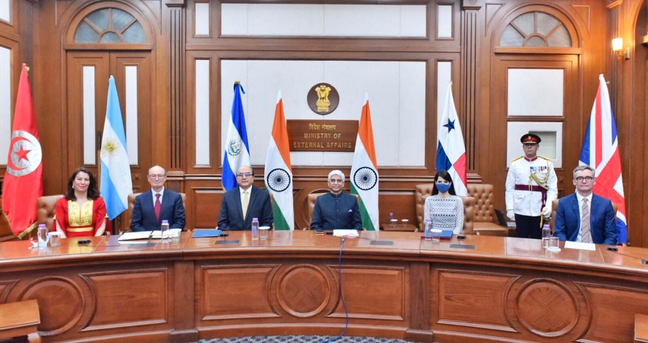 Envoys of El Salvador, Panama, Tunisia, the United Kingdom and Argentina presented their credentials to President Kovind in a virtual ceremony today. Credit: Twitter/rashtrapatibhvn
