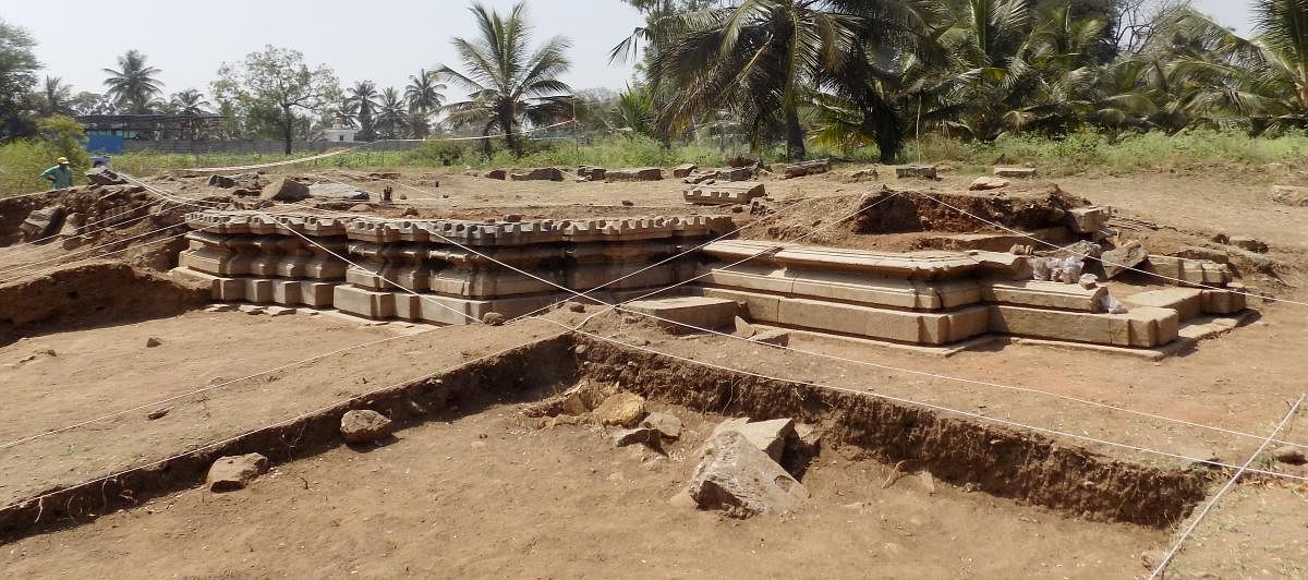A foundation of a Jain temple found at the excavation site at Bastihalli in Halebid, Hassan district. dh photos