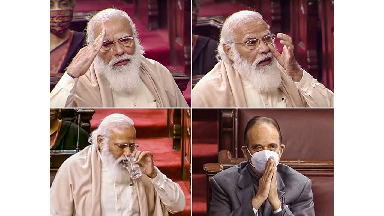 Prime Minister Narendra Modi gets emotional during his farewell speech for Congress leader Ghulam Nabi Azad in the Rajya Sabha. Credit: PTI Photo