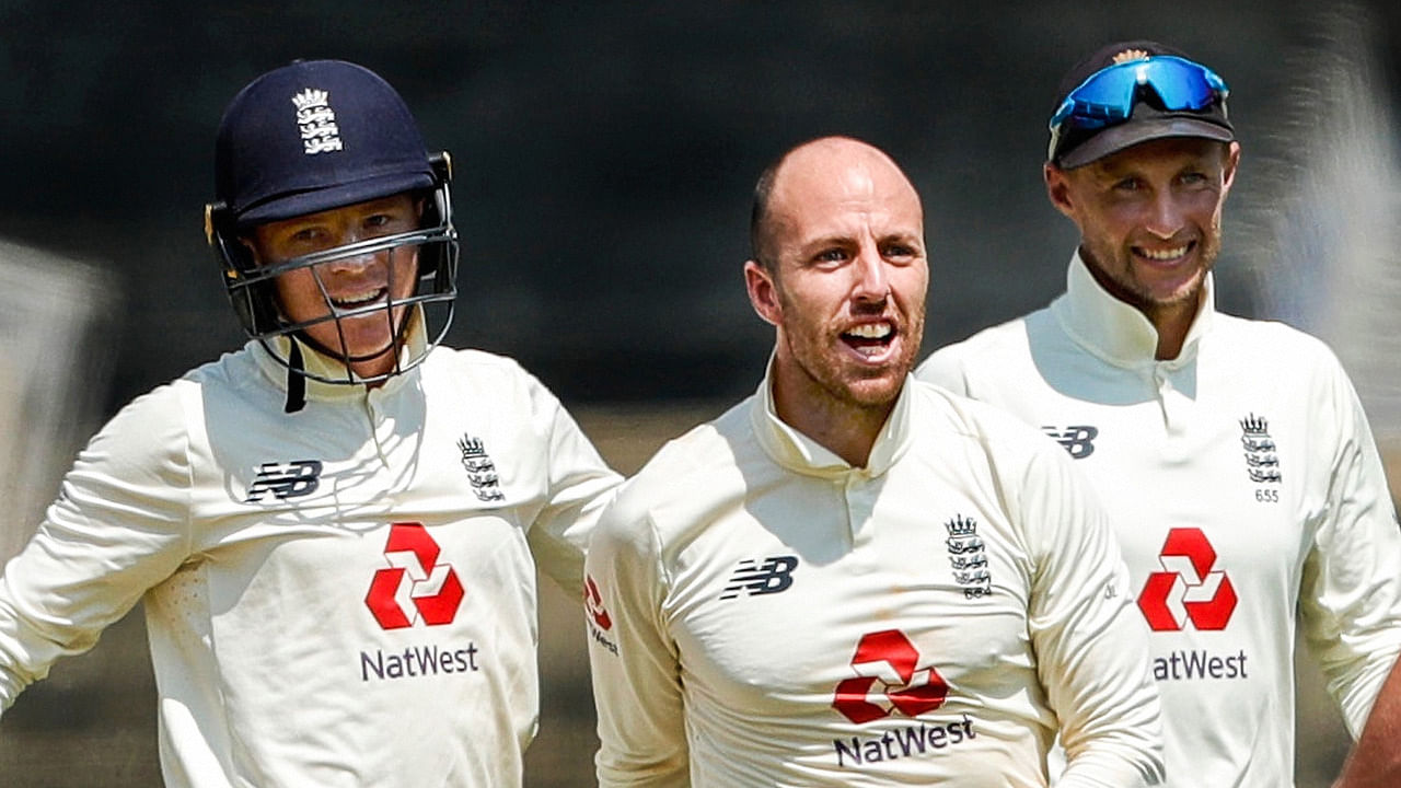 England's bowler Jack Leach celebrates the dismissal of India's Ravichandran Ashwin. Credit: PTI Photo