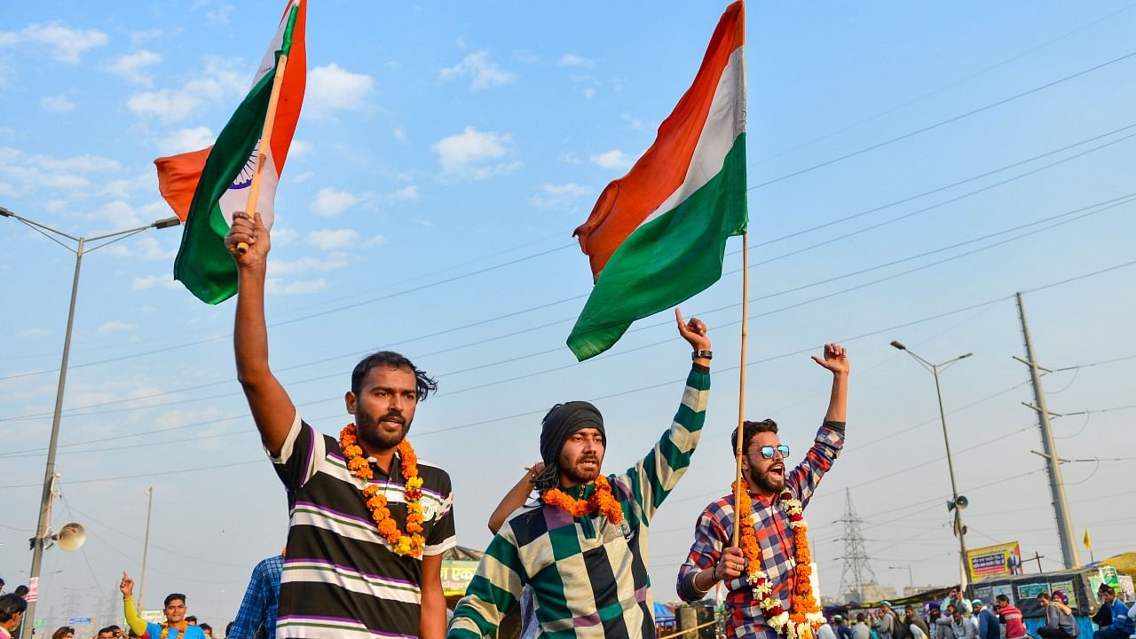 Farmers, who claimed to have been running from Meerut to Delhi, arrive at Ghazipur border to support the ongoing protest against the new farm laws, in New Delhi, Tuesday, February 9, 2021. Credit: PTI Photo