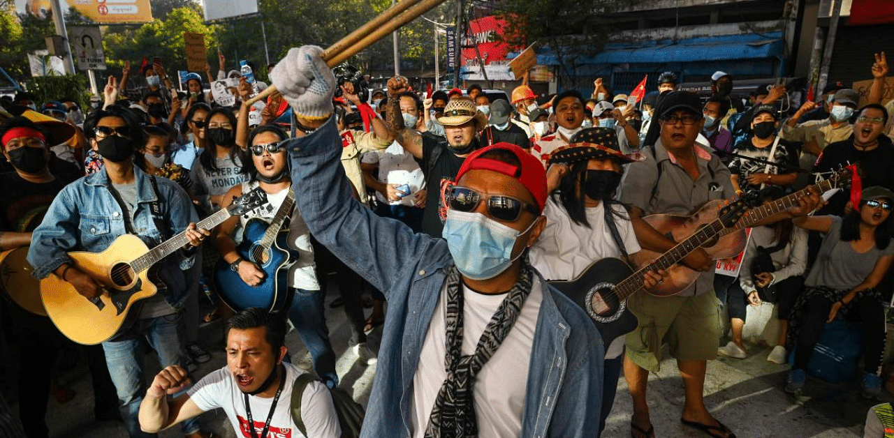 Musicians take part in a protest against the military coup in Yangon. Credit: AFP Photo
