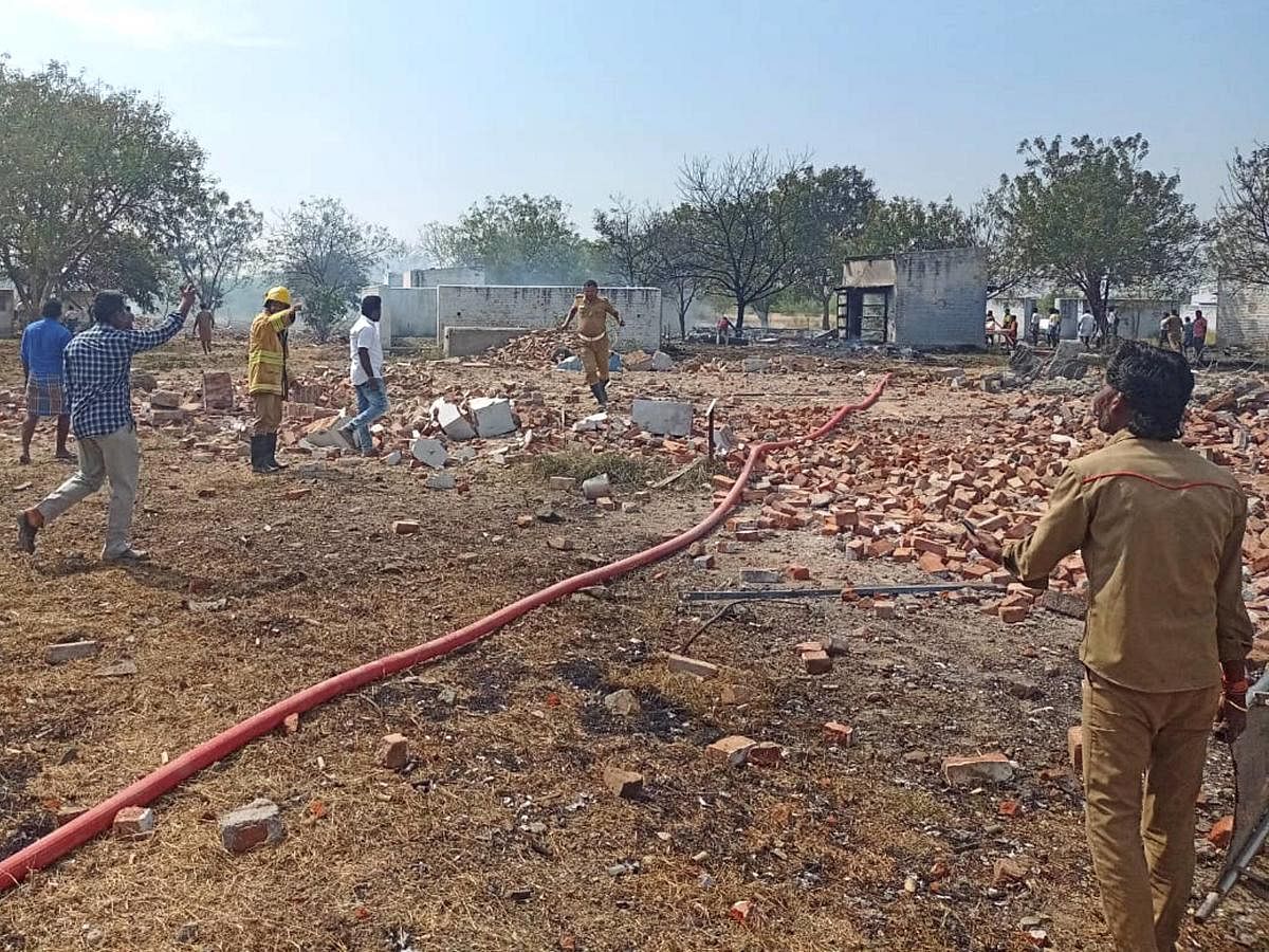 Fire and rescue personnel work after an explosion ripped through a fireworks factory near Sattur, in Virudhunagar district, Friday, Feb. 12, 2021. Credit: PTI Photo