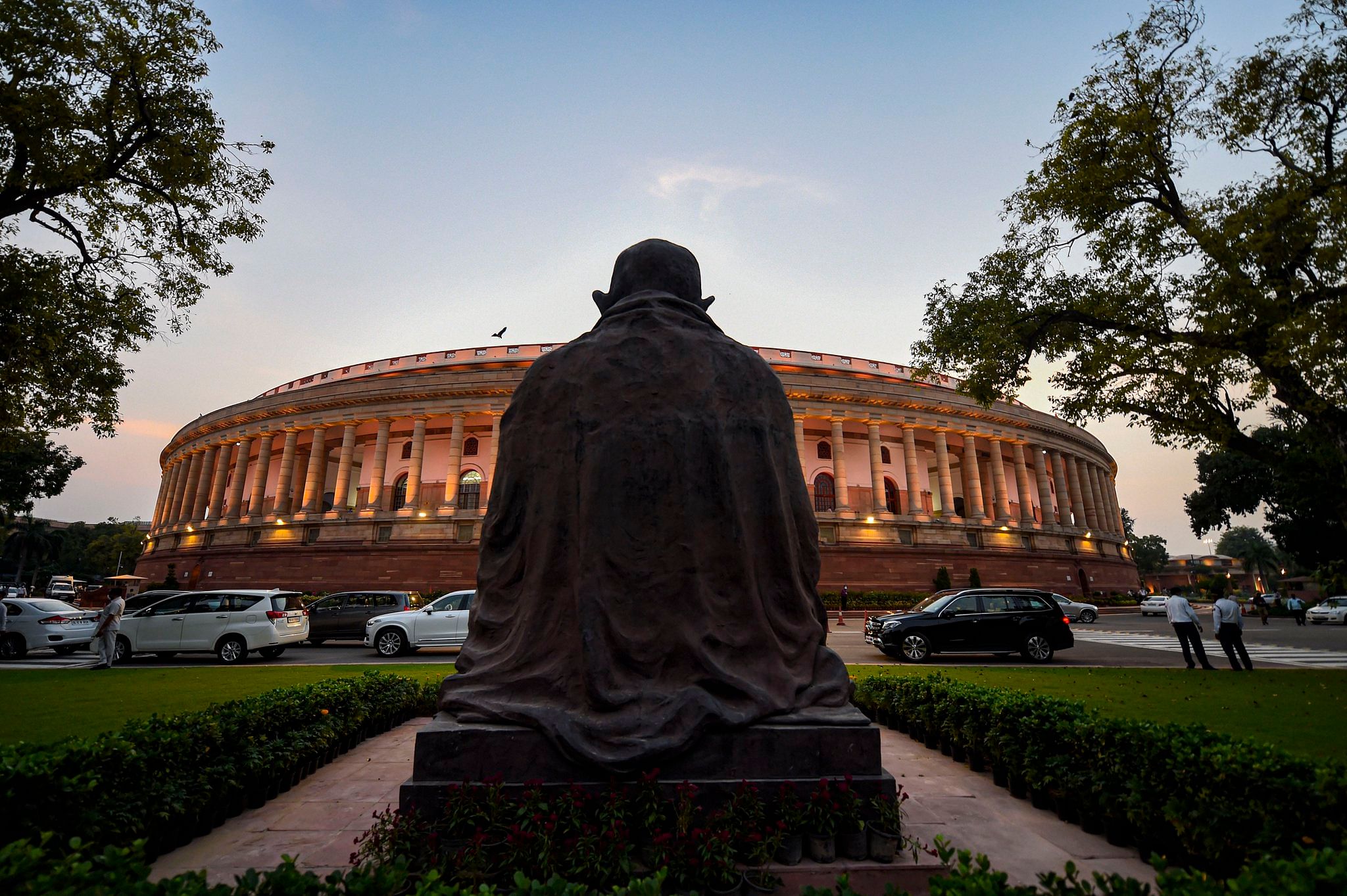 Statue of Mahatma Gandhi in the premises of Parliament House in New Delhi. Credit: Twitter/@airnewsalerts