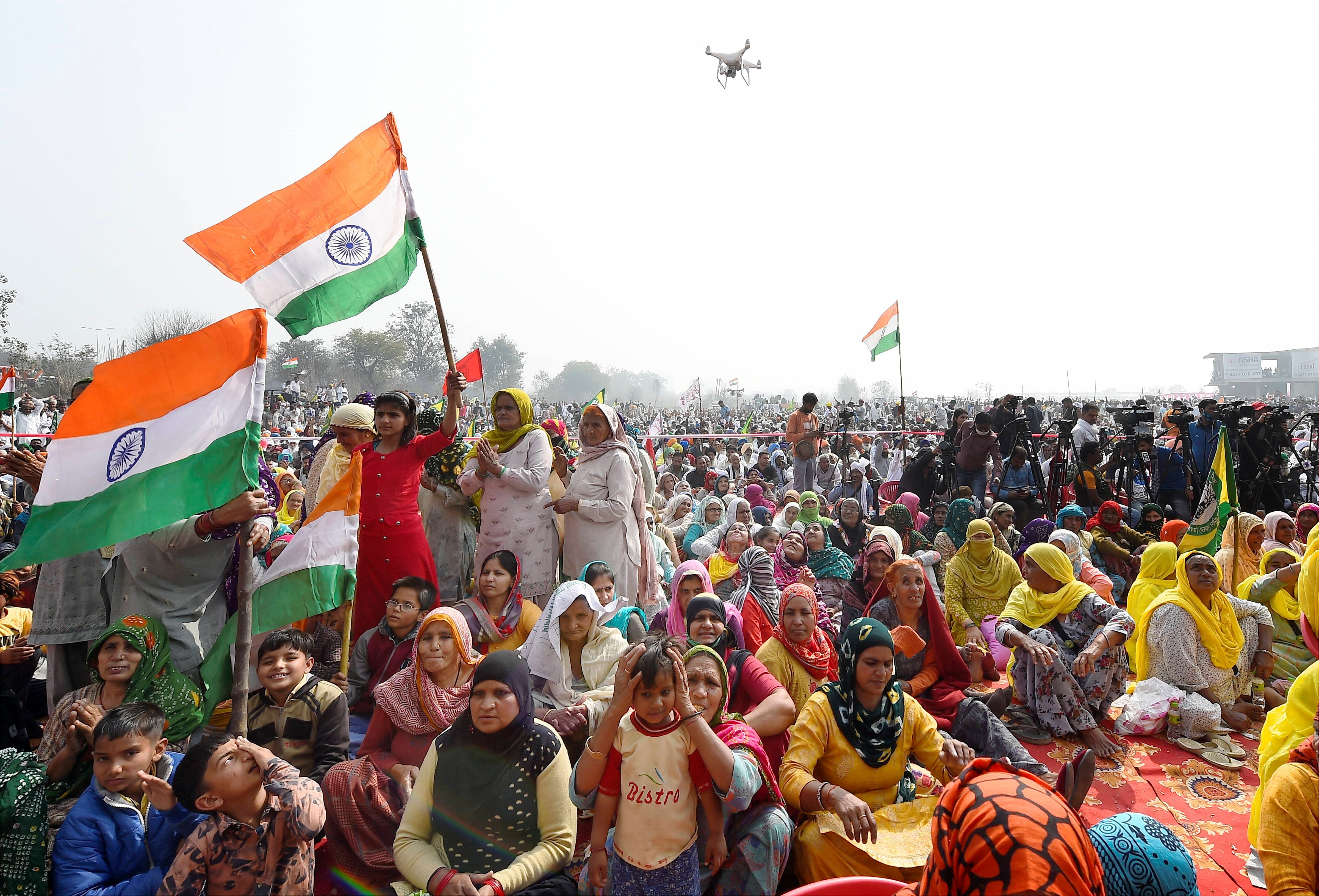 A drone used for surveillance by the police, during a 'Kisan Mahapanchayat' in support of the ongoing farmers' agitation against Centre's farm reform laws, at Bahadurgarh in Jhajjar district, Friday, Feb. 12, 2021. Credit: PTI Photo