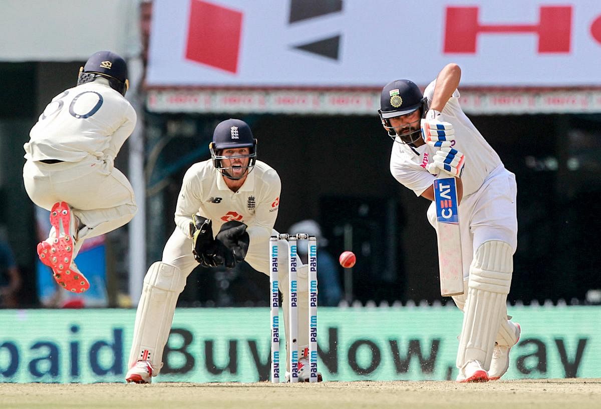 India's Rohit Sharma plays a shot during the 1st day of the second cricket test match between India and England, at M.A. Chidambaram Stadium, in Chennai. Credit: PTI Photo. 