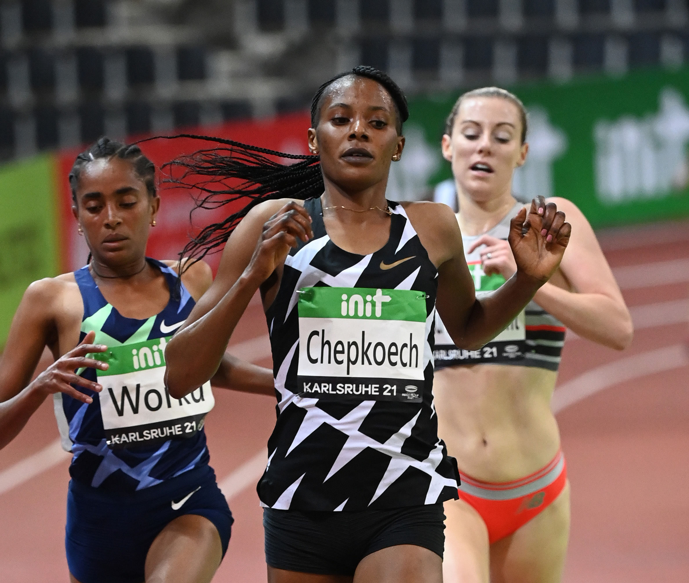 Kenya's Beatrice Chepkoech wins the 3000m event at the IAAF World Indoor Athletics Championships in Karlsruhe, southern Germany, on January 29, 2021. Credit: AFP Photo