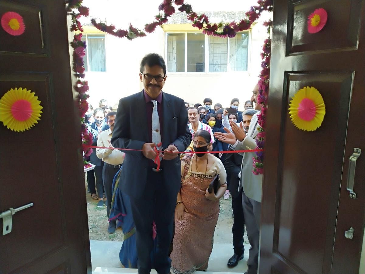 Mangalore University Vice Chancellor Prof P S Yadapadithaya inaugurates classrooms constructed at Field Marshal K M Cariappa College in Madikeri.