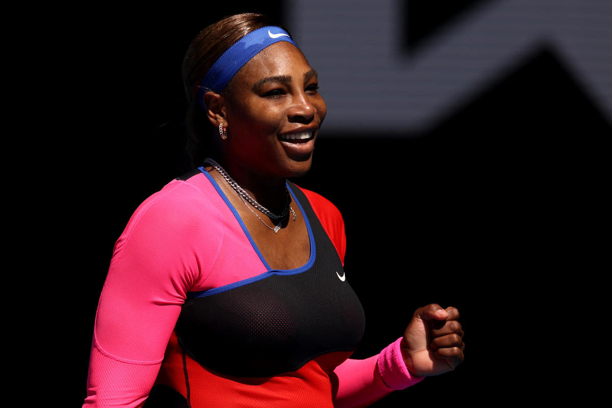 Serena Williams of the US celebrates winning her fourth-round match against Belarus' Aryna Sabalenka. Credit: PTI photo. 