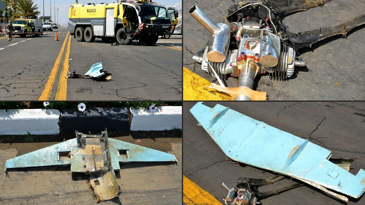 This combination of pictures provided by Saudi Arabia's Ministry of Media on February 10, 2021 reportedly shows the wreckage of an unmanned aerial vehicle (UAV or drone) that was used in an attack on Abha International Airport in Saudi Arabia's southern Asir province. Credit: AFP Photo