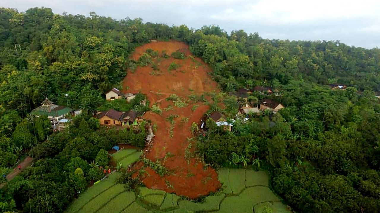 An aerial  view of the damages from a landslide in Nganjuk, East Java province, where at least two people died and 16 others are missing. Credit: AFP Photo.