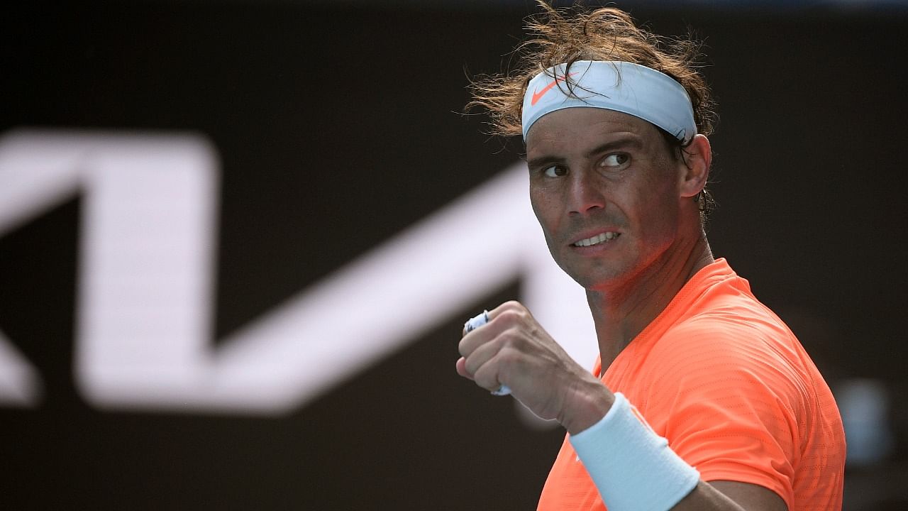 Spain's Rafael Nadal celebrates after defeating Italy's Fabio Fognini in their fourth round match at the Australian Open tennis championship in Melbourne. Credit: AP/PTI Photo
