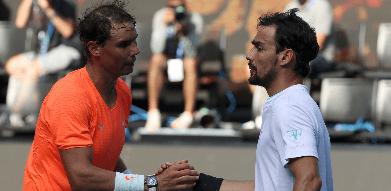 Spain's Rafael Nadal (L) shakes hands with Italy's Fabio Fognini after their men's singles match in Melbourne. Credit: AFP Photo