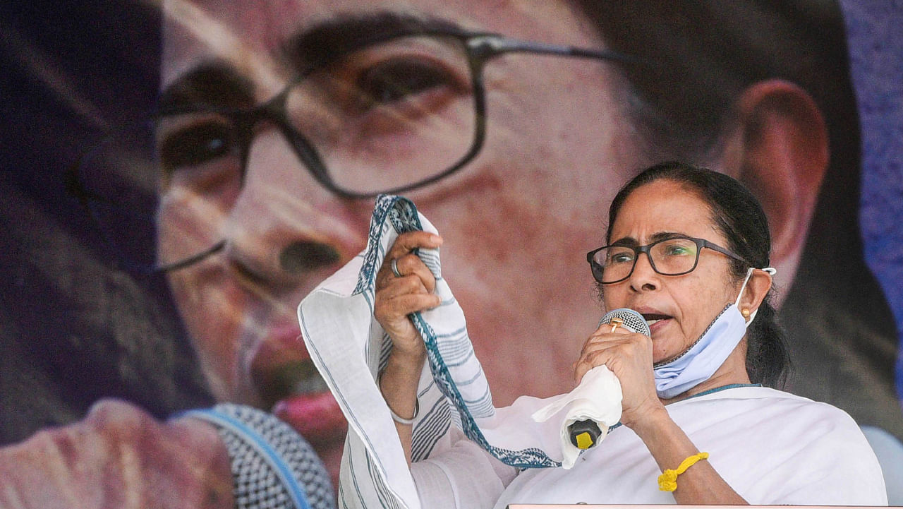 West Bengal Chief Minister Mamata Banerjee addresses a public rally at Kalna, in Burdwan district, Tuesday, Feb. 9, 2021. Credit: PTI Photo