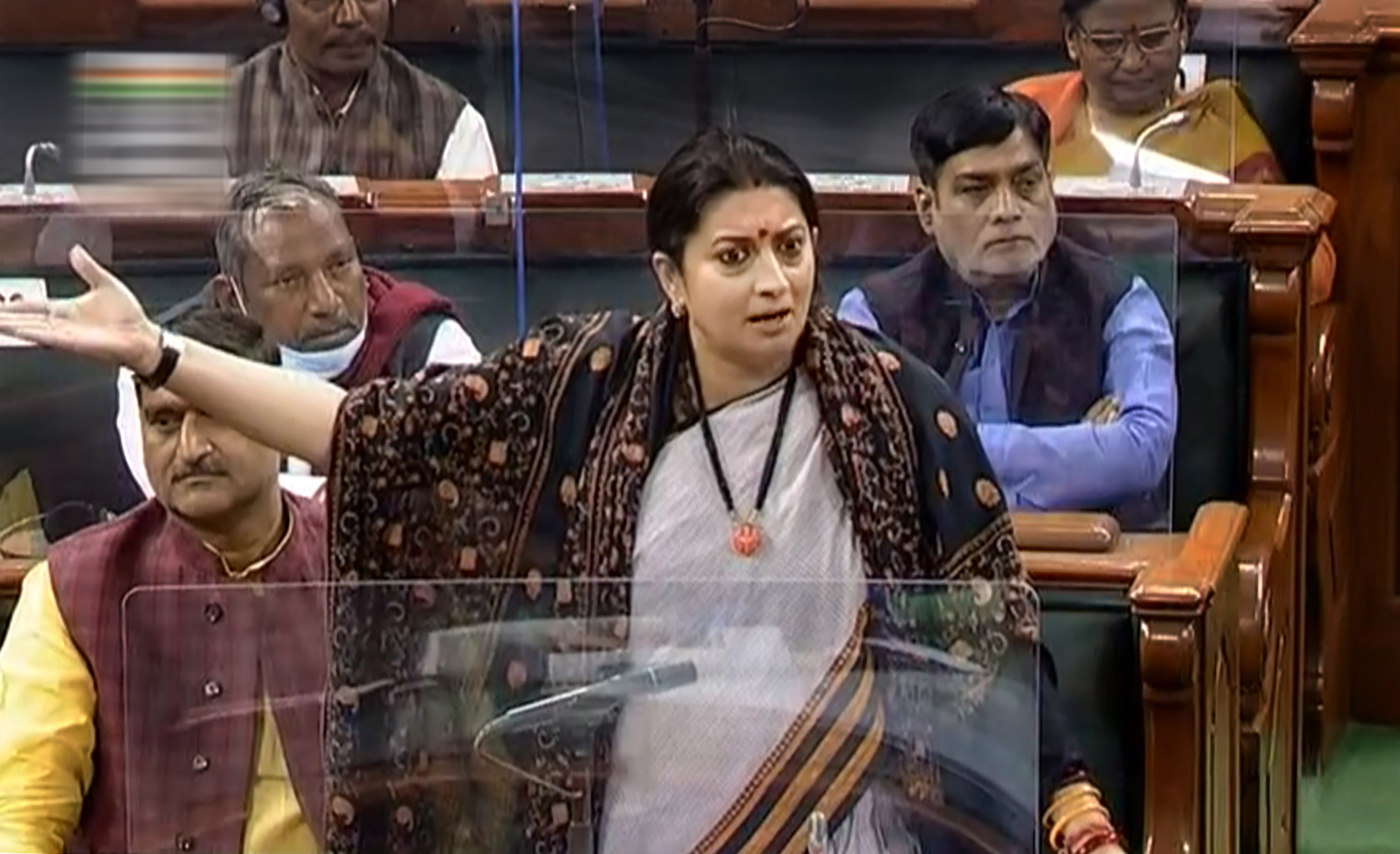 Union Minister Smriti Irani speaks in the Lok Sabha during the ongoing Budget Session of Parliament, in New Delhi, Thursday, Feb. 11, 2021. Credit: LSTV Video screengrab