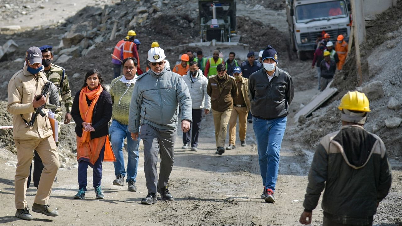  Officials visit the damaged Tapovan tunnel for inspection, after a glacier burst. Credit: PTI Photo