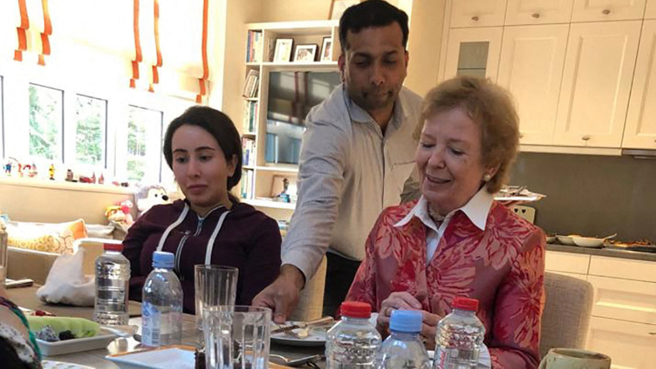 Sheikha Latifa bint Mohammed bin Rashid al-Maktoum (L) having a meal with Mary Robinson, former President of Ireland, at the Latifa's home in Dubai. Credit: AFP File Photo