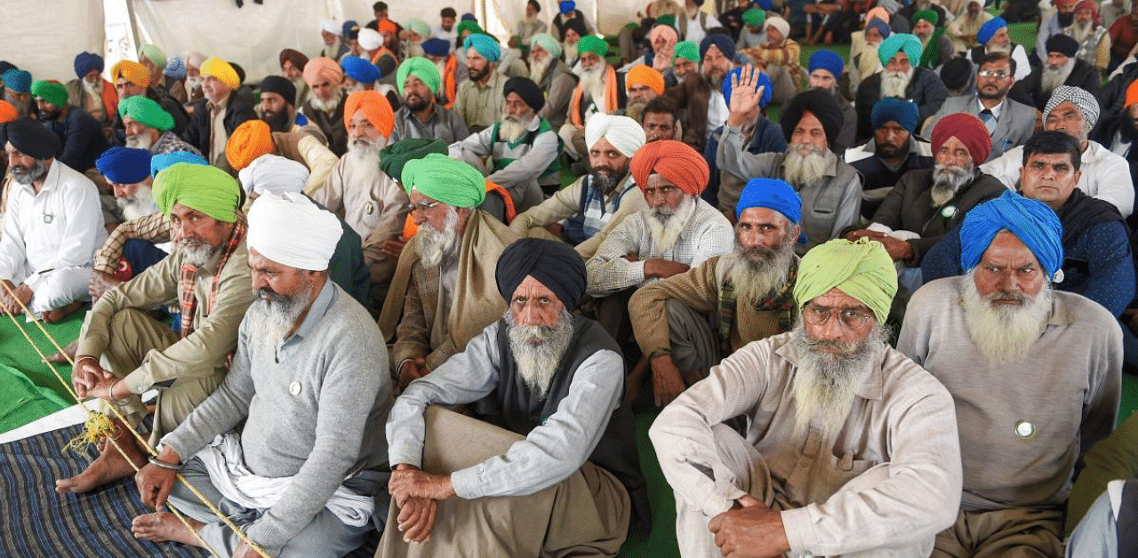 Farmers' protest at Singhu border. Credit: PTI Photo