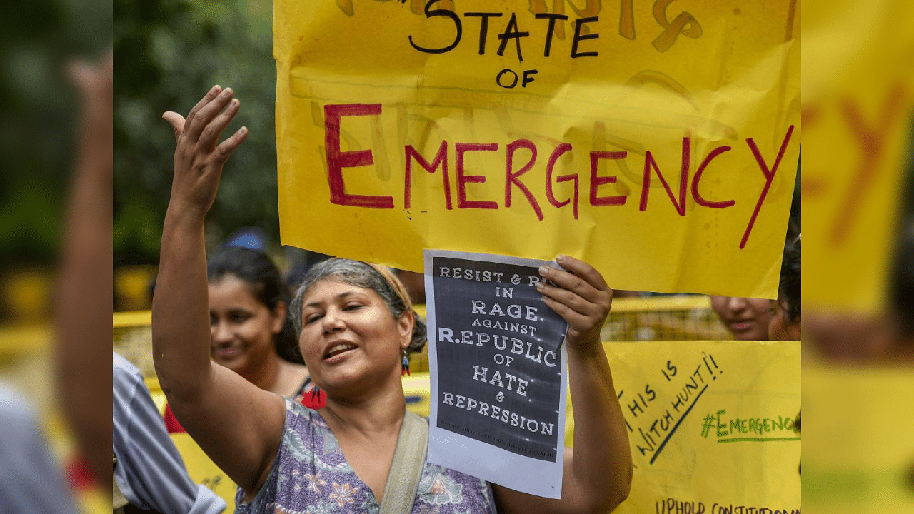 Activists from various organisations stage a protest pertaining to the arrest of five activists in connection with the Bhima-Koregaon protests, in New Delhi on Wednesday, Aug 29, 2018. Credit: PTI Photo