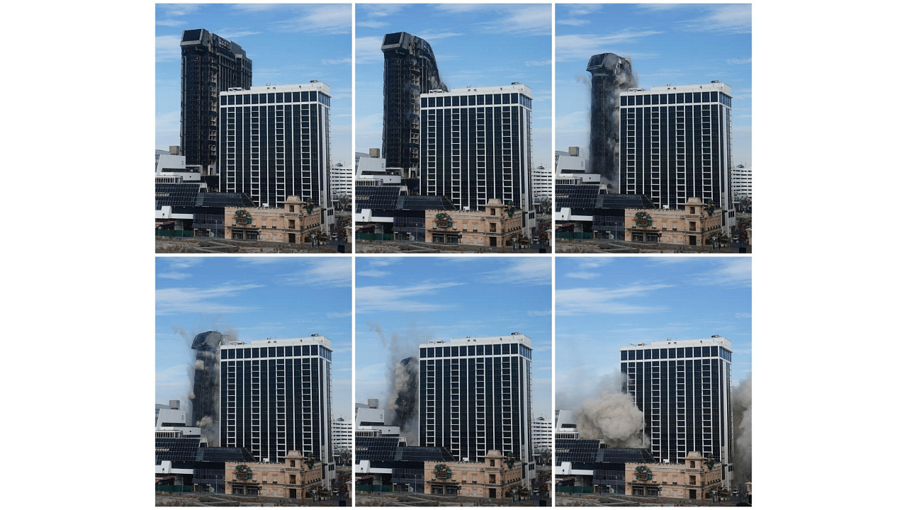 A combination picture shows the Trump Plaza Casino as it collapses after a controlled demolition in Atlantic City, New Jersey, U.S., February 17, 2021. Credit: Reuters Photo