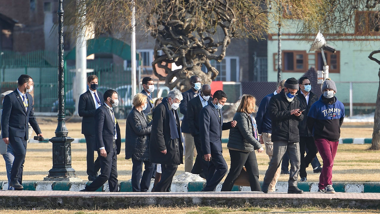 A delegation of 24 ambassadors from the European Union (EU) visit Hazratbal Shrine, in Srinagar. Credit: PTI Photo